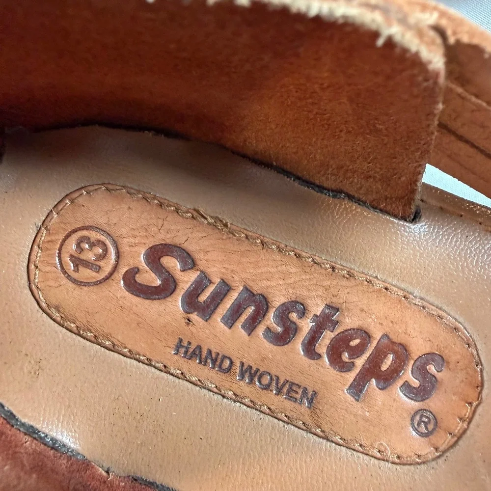 Sunsteps Brown Leather Huarache Sandals Hand Woven Slip On Flats Mens 12